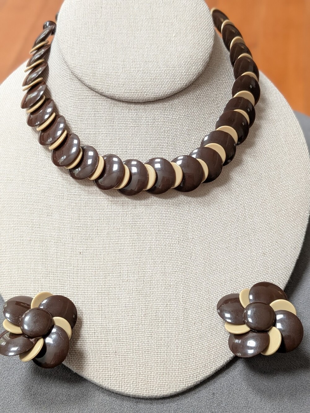 Vintage Made in Western Germany Brown Cream Bead Necklace & Clip-On Earrings Set